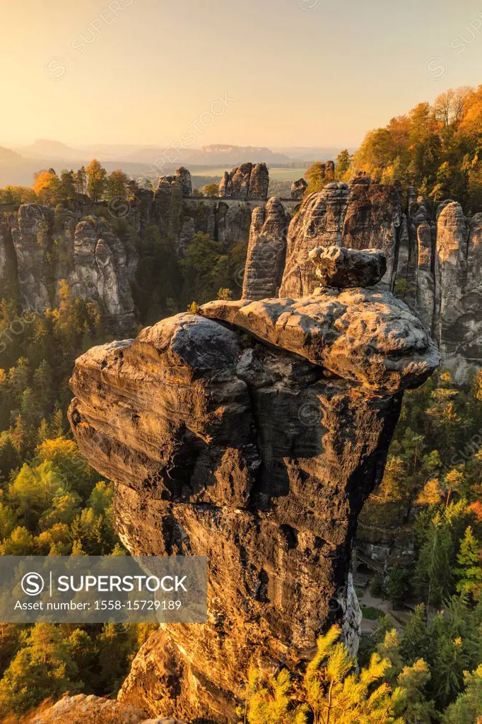 Wehlnadel and Bastei rock, Bastei, Elbe Sandstone Mountains, Saxon Switzerland National Park, Saxony, Germany