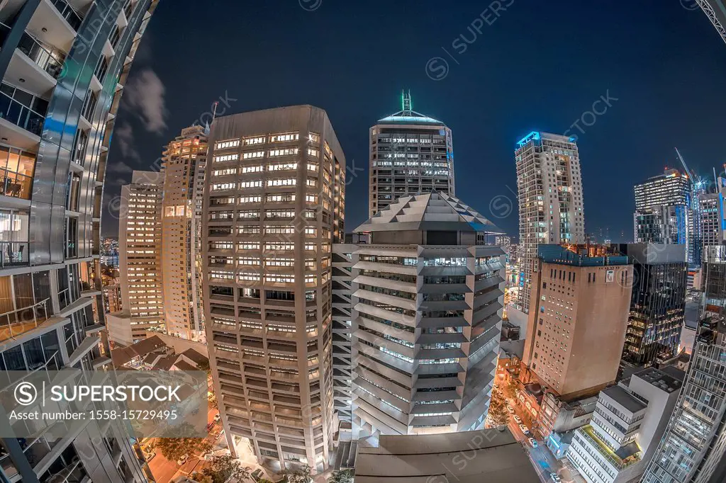 Australia, Brisbane, city view, skyscrapers, facades by night