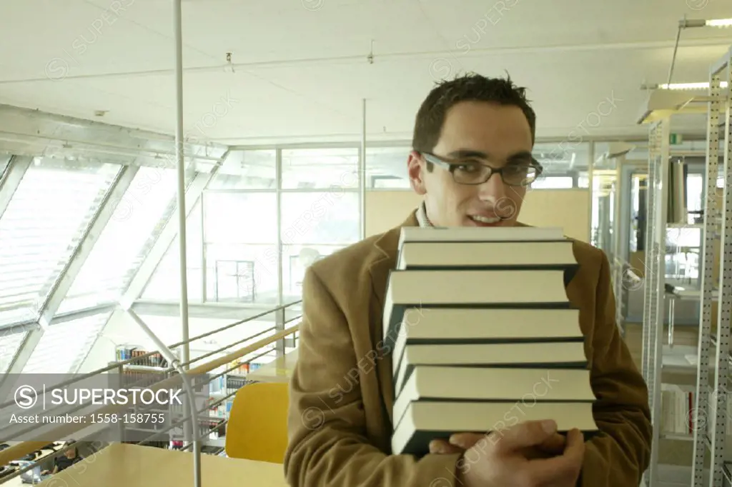 Library, man, stack of books