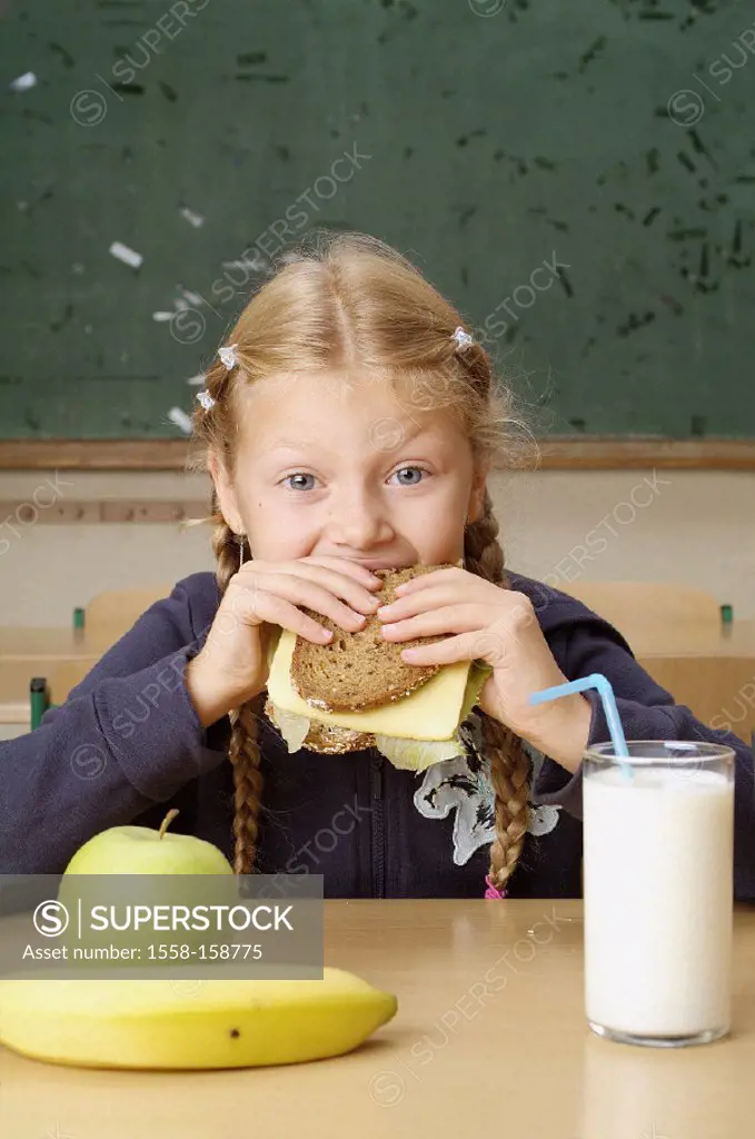 Classroom, schoolgirl, bread and cheese