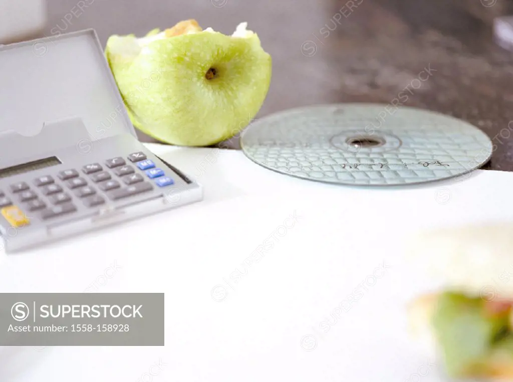 Desk, CD, pocket calculator