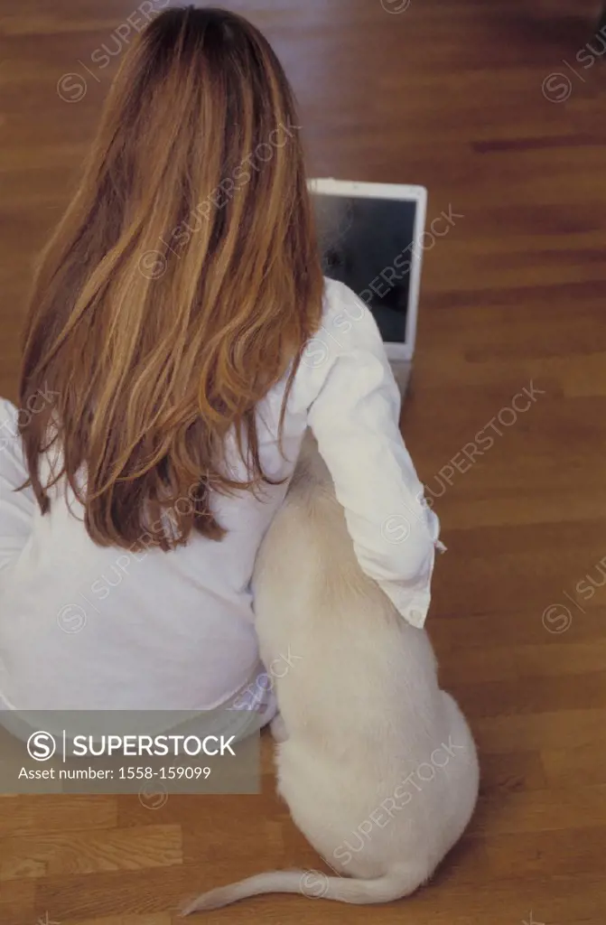 Woman, dog, floor, laptop