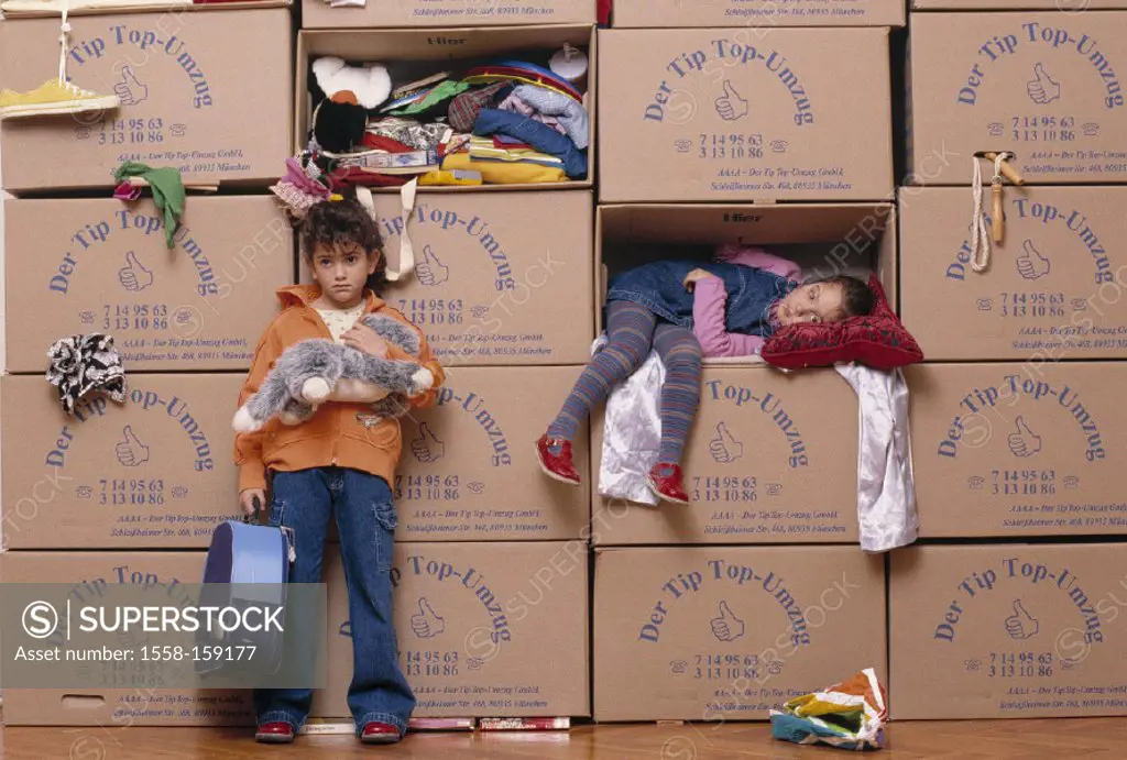 packing case, stacked, children