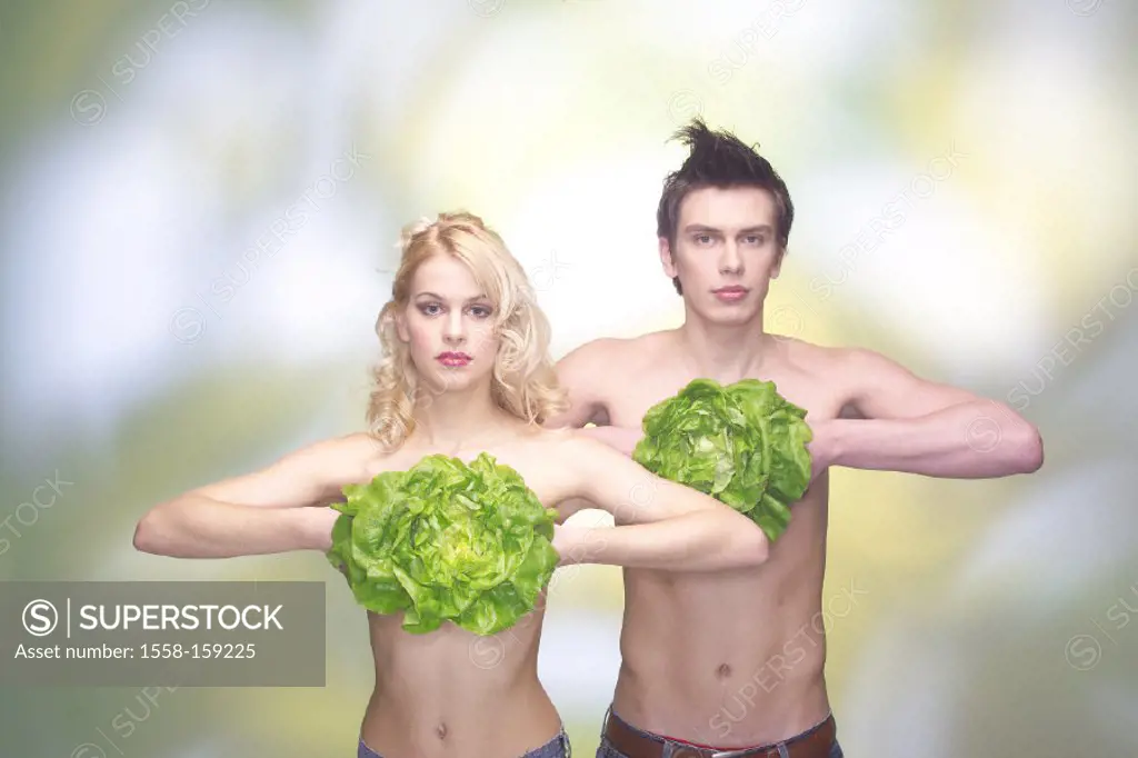 couple, naked chest, lettuce