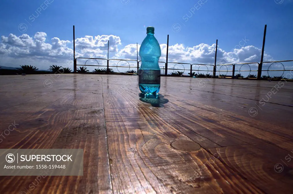 terrace, wood floor, water bottle