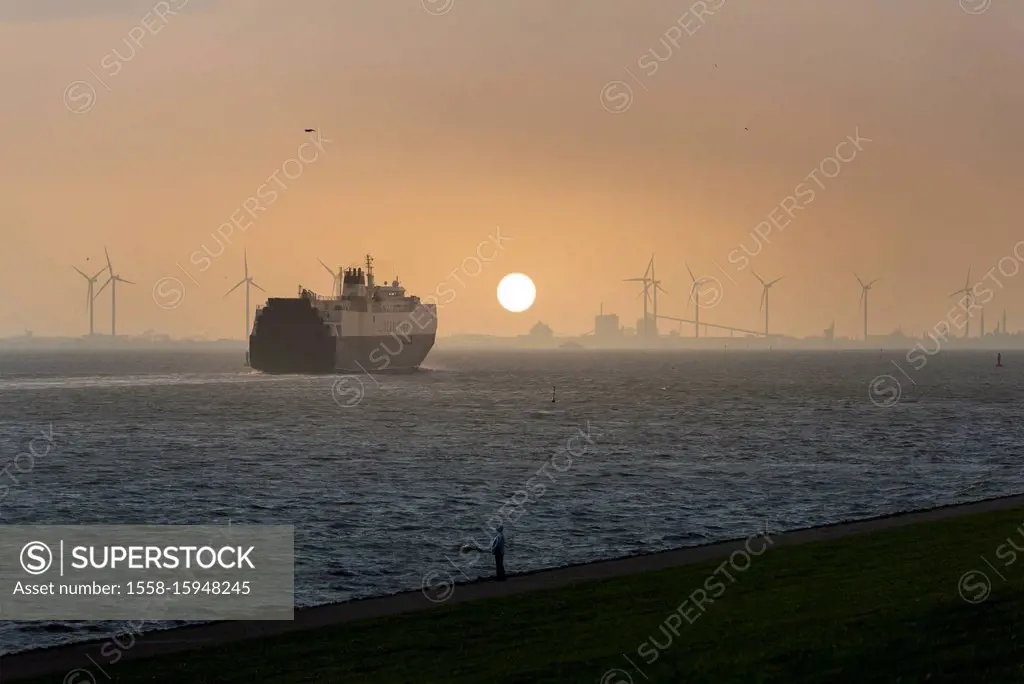 Germany, Lower Saxony, East Frisia, cargo ship in the North Sea near Emden,