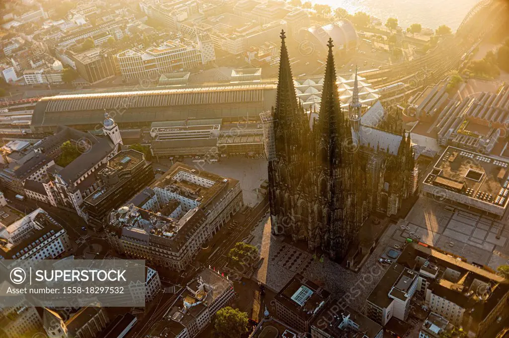 Cologne Cathedral (Kölner Dom), from a higher ground: captured 'on air' via Zeppelin in the early morning just after sunrise.