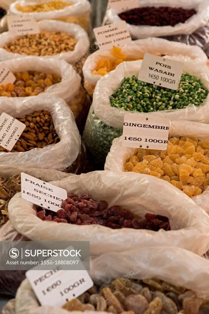 Dried fruits in the market, Provence, France