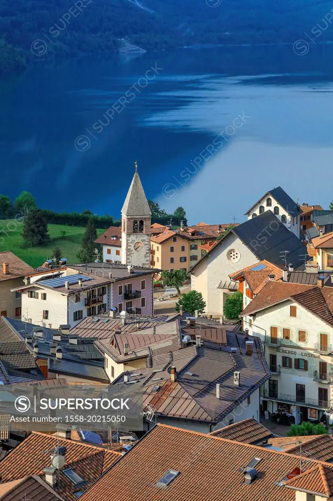 Italy, Trentino Alto Adige, province of Trento, Molveno. Elevated view of the lake and the village of Molveno