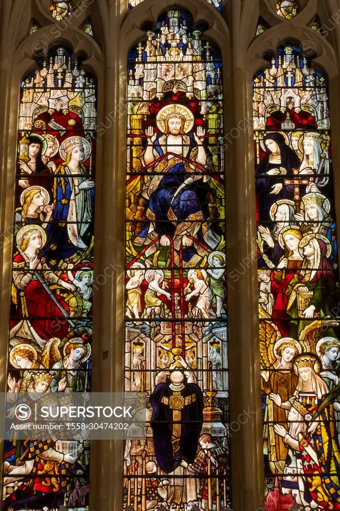England, Sussex, West Sussex, Arundel, Arundel Castle, The Fitzalan Chapel, Stained Glass Window depicting from The Life of Christ