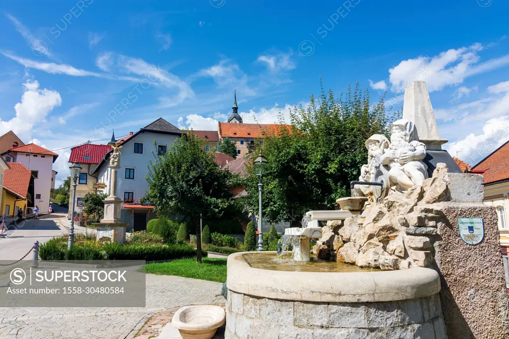 Althofen, fountain Gnomenbrunnen (gnome fountain), square Salzburger Platz in Central Carinthia, Carinthia, Austria