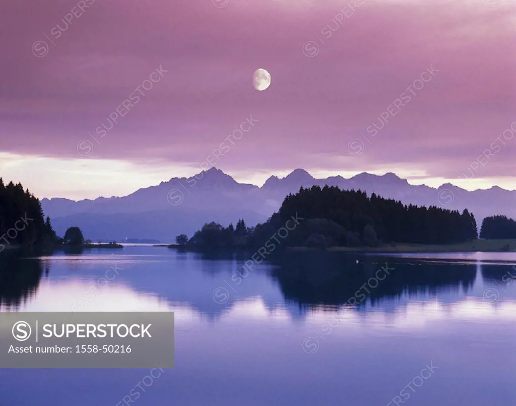 Germany, Bavaria, Allgäu, moon, Forggensee, Europe, near Füsen, reservoir, sea, evening mood, mood, evening, in the evening, twilight, water reflectio...