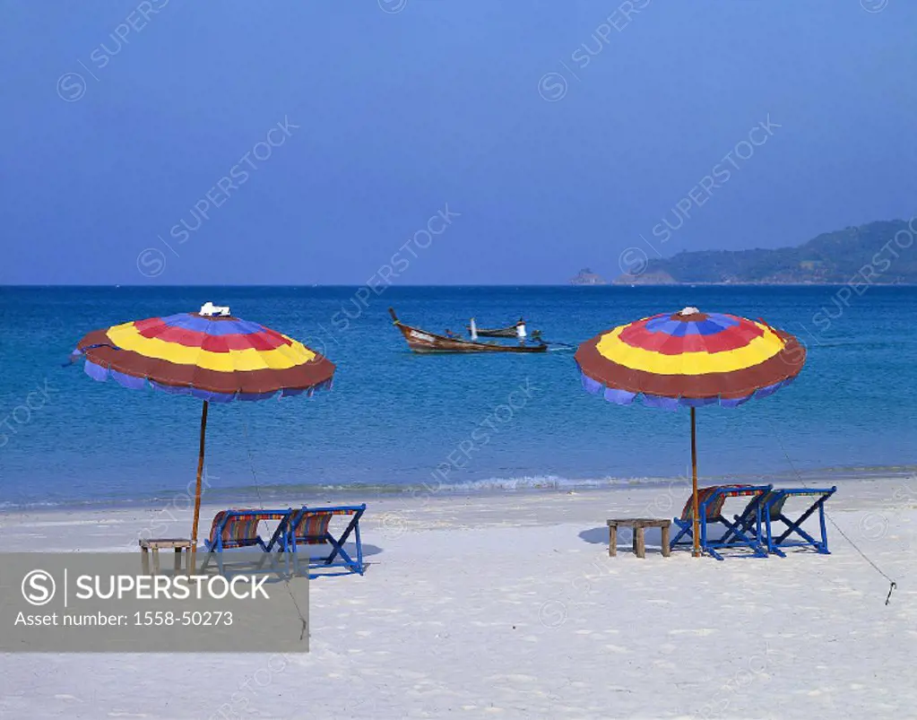 Sandy beach, deck chairs, parasols, vacation, summer, leisure time, vacation, bath vacation, summer vacation, sunbath, suns, recuperation, relaxation,...