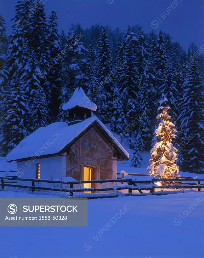 Germany, Upper Bavaria, Elmau, chapel, Christmas tree, illuminates, Europe, Bavaria, Werdenfels, winter landscape, Christmas, Christmas time, Christma...