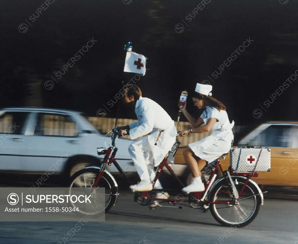 Humor, doctor on emergency call team, tandem, doctor, nurse, doctor on emergency call, emergency, emergency help, accident help, help, bicycle, drives...