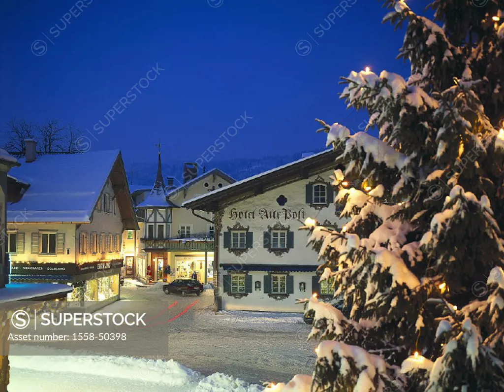 Germany, Upper Bavaria, Oberammergau, city view, winters, evening, Bavaria, Christmas, Christmas time, Christmas tree, Christmas tree, Christmas-like,...
