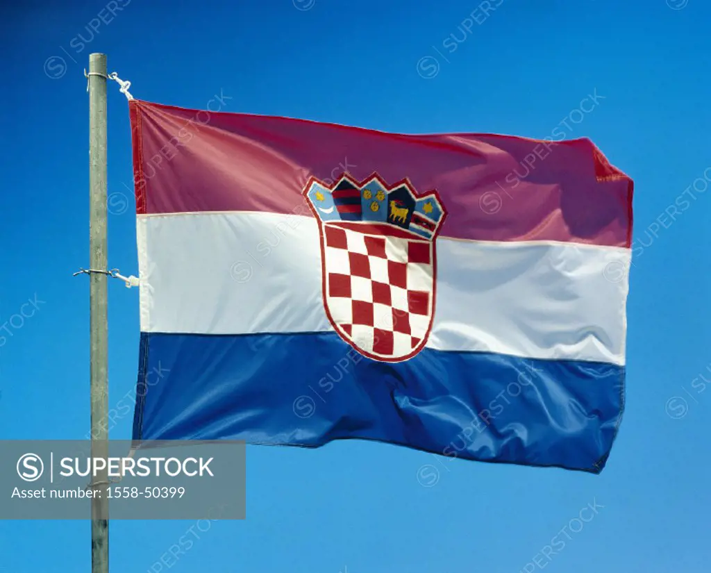 Ensign, Croatia, Europe, Republika Hrvatska, flagpole, ensign, flag, wind, blowsproduct shot, still life,
