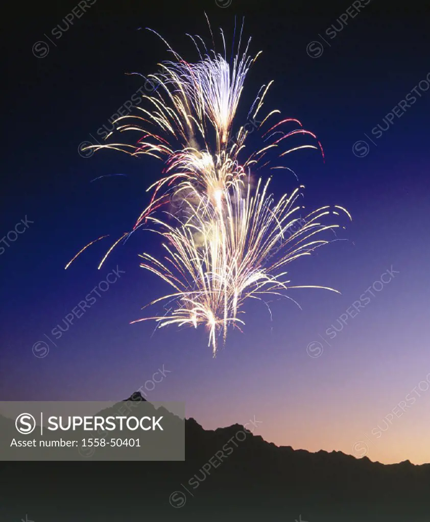 Highlands, fireworks, night, evening, mood, pyrotechnics, New Year´s Eve, turns of the year, New Year´s day, mountains, silhouette, evening mood,