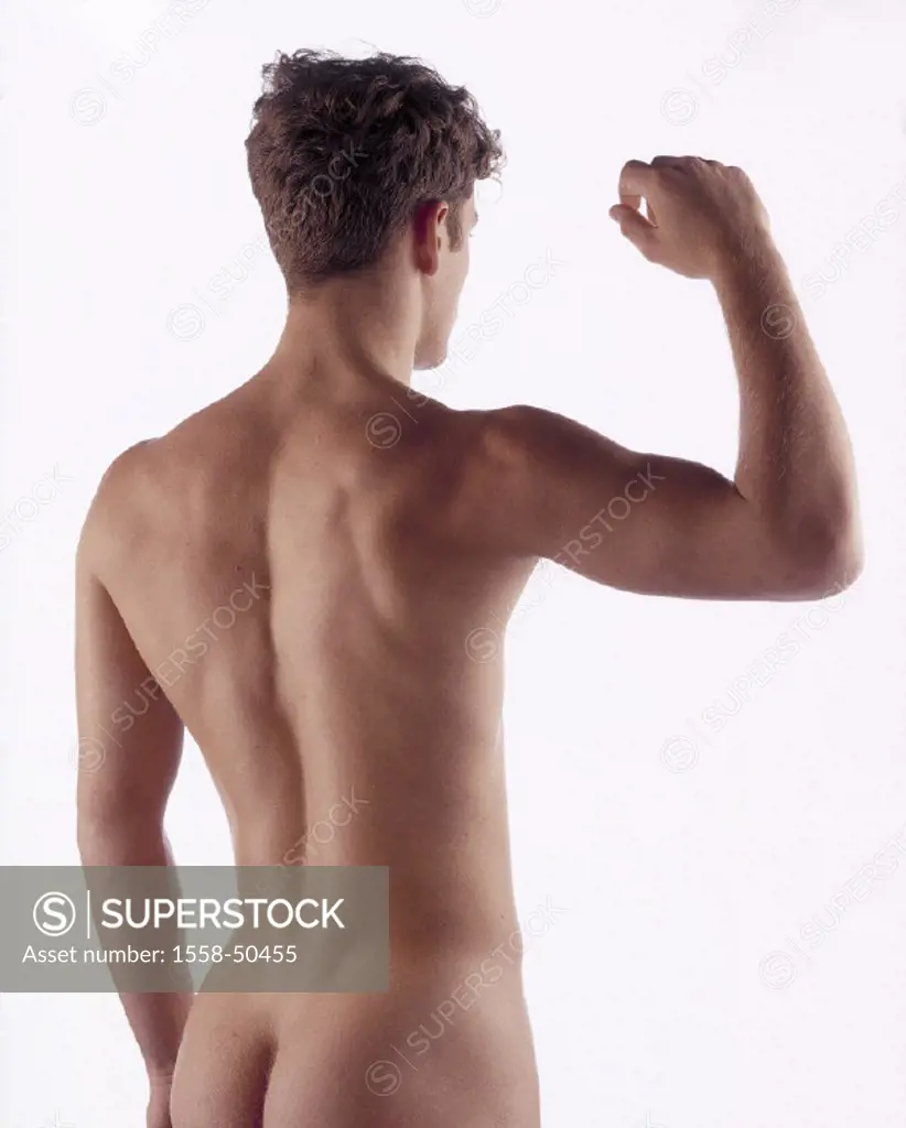 Man, bare, gesture, rear view, detail, bodies, male, backs, fanny, arm, half portrait, lift at the side, studio