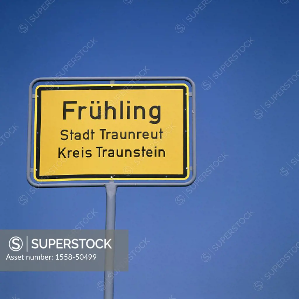 City sign,´ spring´, sign, Traunstein, Traunreut, city entrance, place, place, hint, sign, piece of information, place-name, product shot, still life,...