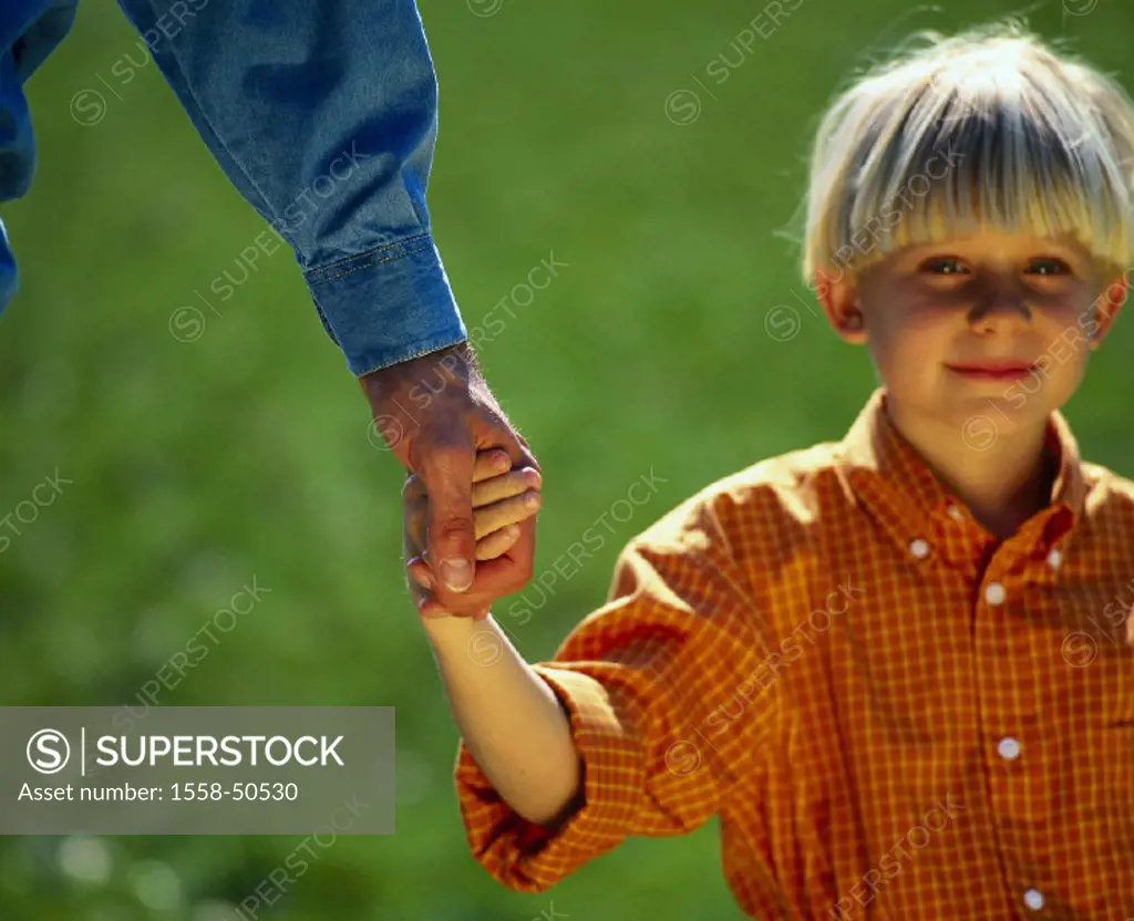 Father, son, hand in hand, detail, outside, leisure time, hands, boy, holds child, man, parent, single, single, education-party, entitled, welfare car...