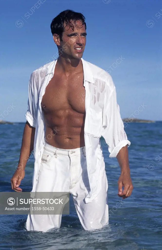 Man, clothing, white, wet, water, stands, vacation, vacationers, sea, shallow, cooling, refreshment, shirt open, muscular, well-trained, suntaned, Lif...