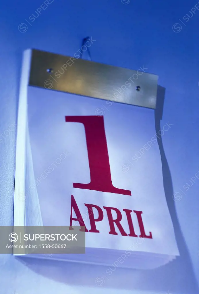 Calendars, calendar leaf, April 1st, wall calendars, beginning of month, April joke, joke, tearoff calendars, month, day, date, still life,product sho...