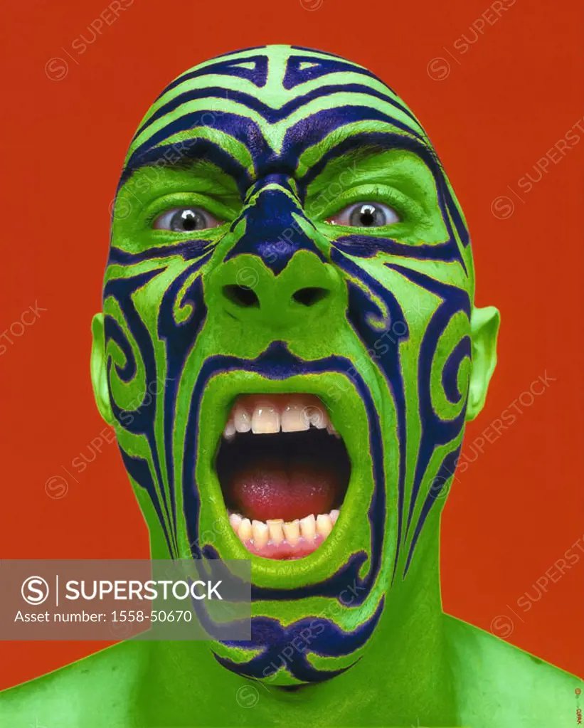 Man, body painting, scream,  Portrait  colorful, green, blue, red, screams, aggression, aggression, Tattoo, tattoo, painting, paints