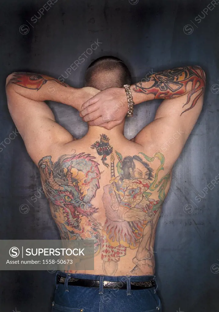 Man, backs, tattoos, men´s backs, Tattoos, motives, colorfully, colorfully, Skinhead Art, body jewelry, body modification