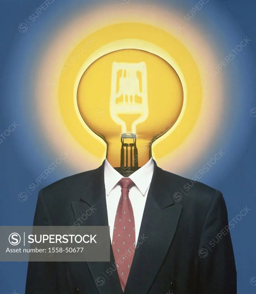 Man, detail, suit, necktie, head, Light bulb, shines  Businessman ´a light rises´ brightly, Lichtschein, Lead photo, idea, ingenuity, inspiration, gen...