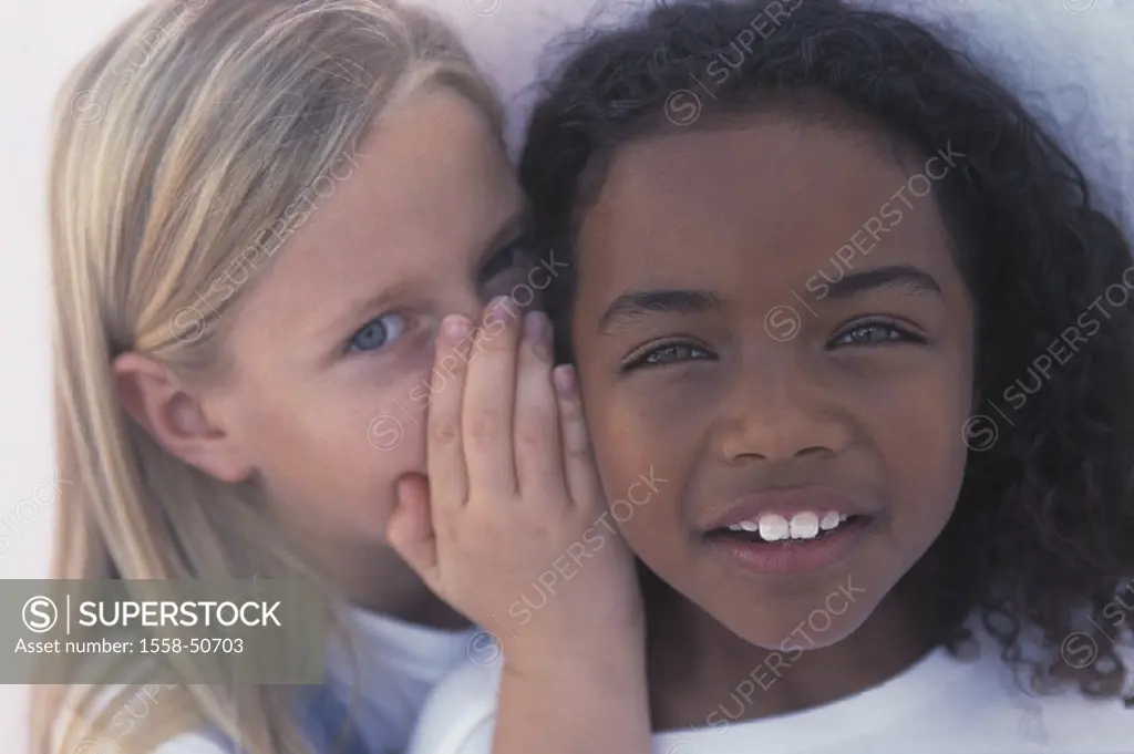Girls, skin color, different, secret, whispers, portrait, friends, friendship, friends, nationality, different, people of color, whites, children, blo...