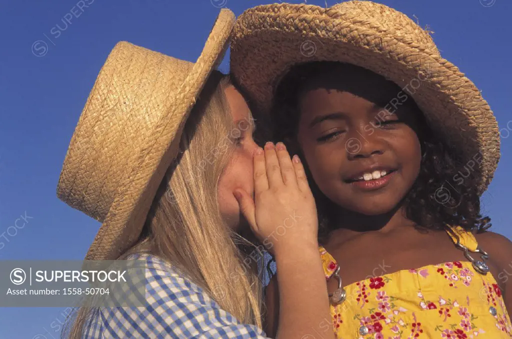 Girls, skin color, different, straw hats, gesture, friends, whisper, friendship, friends, nationality, different, people of color, whites, children, b...