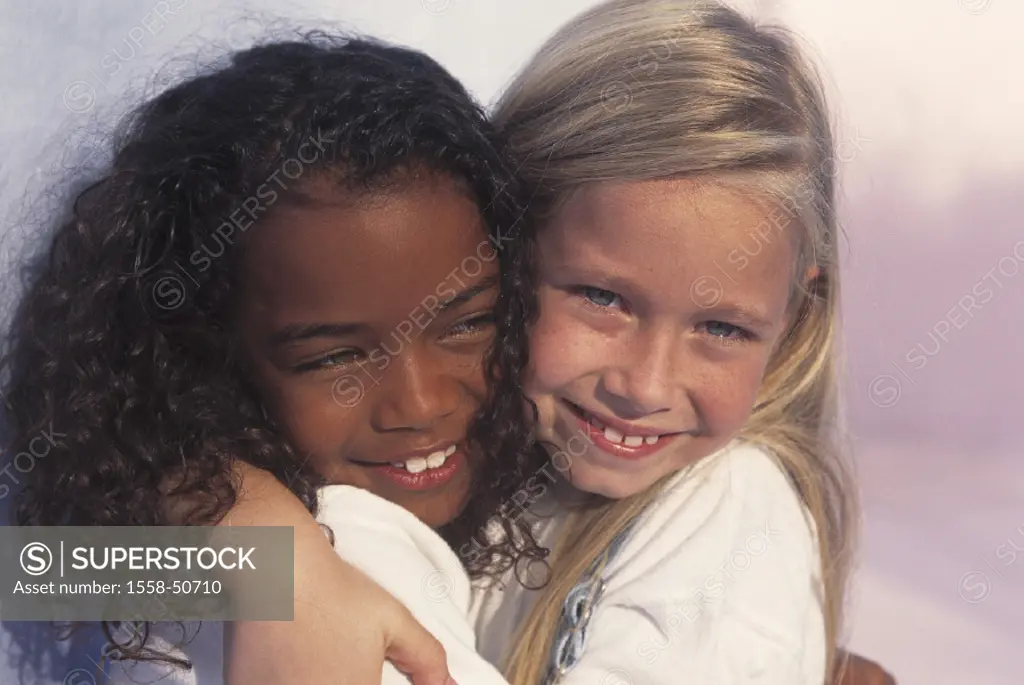 Girls, skin color, different, embrace, cheerfully, portrait, friends, friendship, friends, nationality, different, people of color, whites, children, ...
