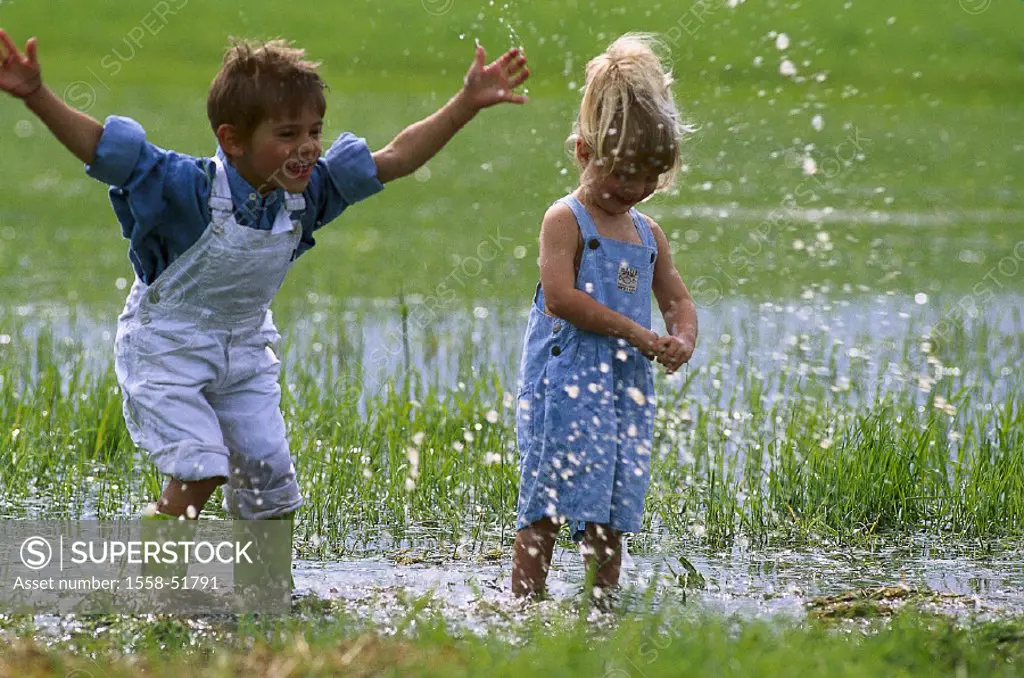 Meadow, water, boy, girls, fun, runs, summer, vacation, children, friends, two, childhood, light-heartedness, brother, sister, siblings, fun, jumps, s...