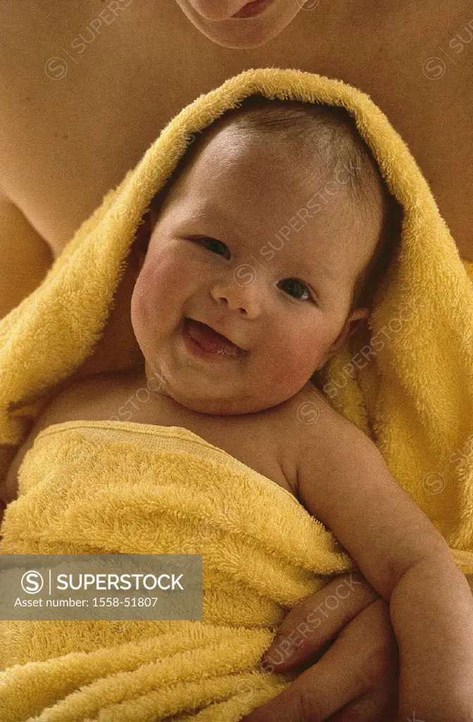 Mother, detail, baby, smiles, sit, towel, enwrapped, portrait, at home, childhood, toddler, child, packed, wrapped up, hood, heat, security, welfare, ...