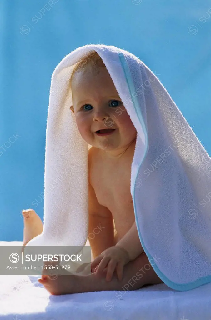 sit, baby, bare, towel, enwrapped, indoors, child, toddler, smiles, vigorously, curiously, covered