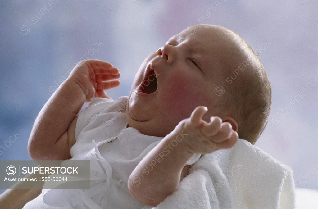 Yawns bed, baby, portrait, at home, child infant lies, wearily, tiredness drowsy, small delicately, security, rescued, umsorgt, wohbehütet