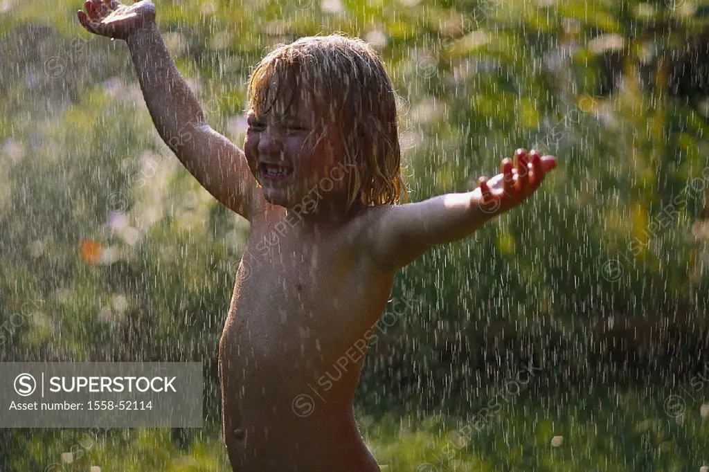 Garden, child, girls, bare, summer rain, gesture, outside, summer, vacation, childhood, arms, rain, raindrops, water, extend takes a shower, outdoor s...
