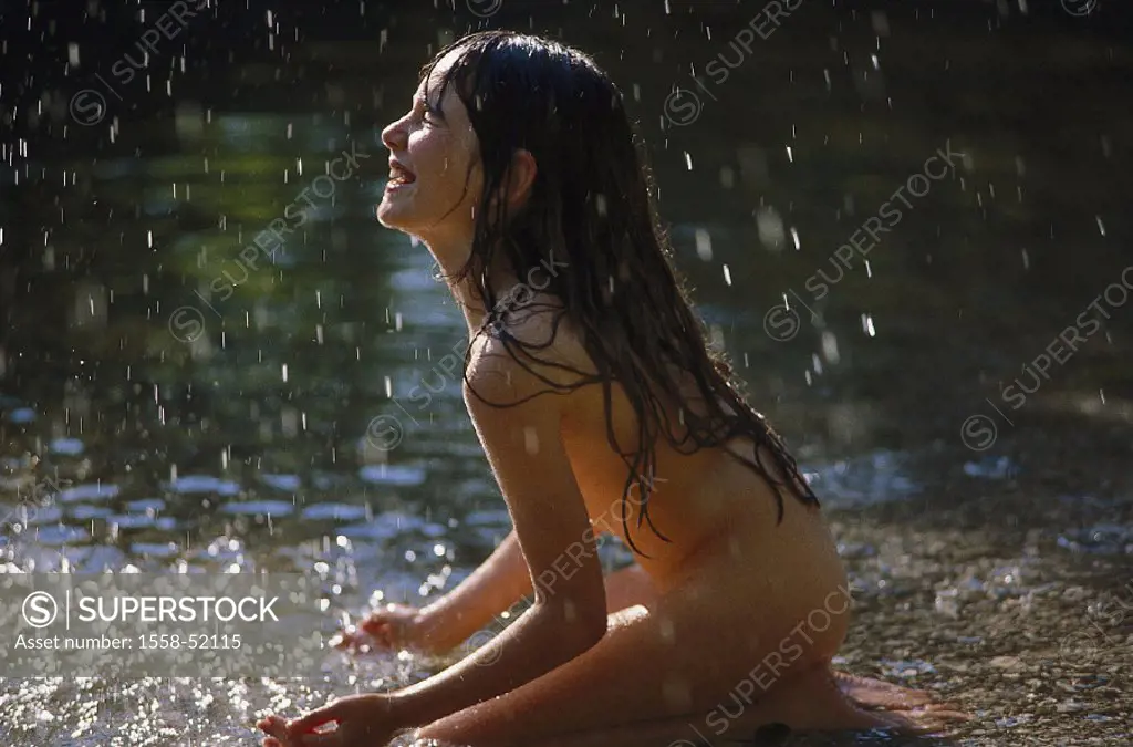 Girls, happy, bare, water, kneels, summer rain, outside, summer, takes a shower, fun, vacation, child, childhood, outdoor showers, cheerfully, happine...
