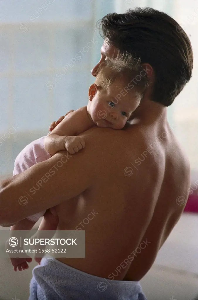 Father, topless, rear view, baby, carries, indoors, at home, man, young, child, infant, bare, diaper pants, toddler, childhood, love, affection, delic...
