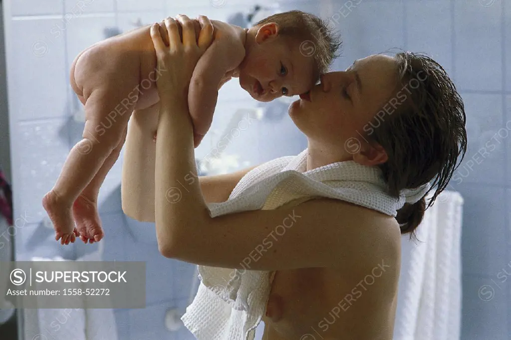 Mother, topless, baby, bare, half portrait, holds up, indoors, at home, bathrooms, detail, woman, young, child, toddler, infant, love, welfare, carefu...