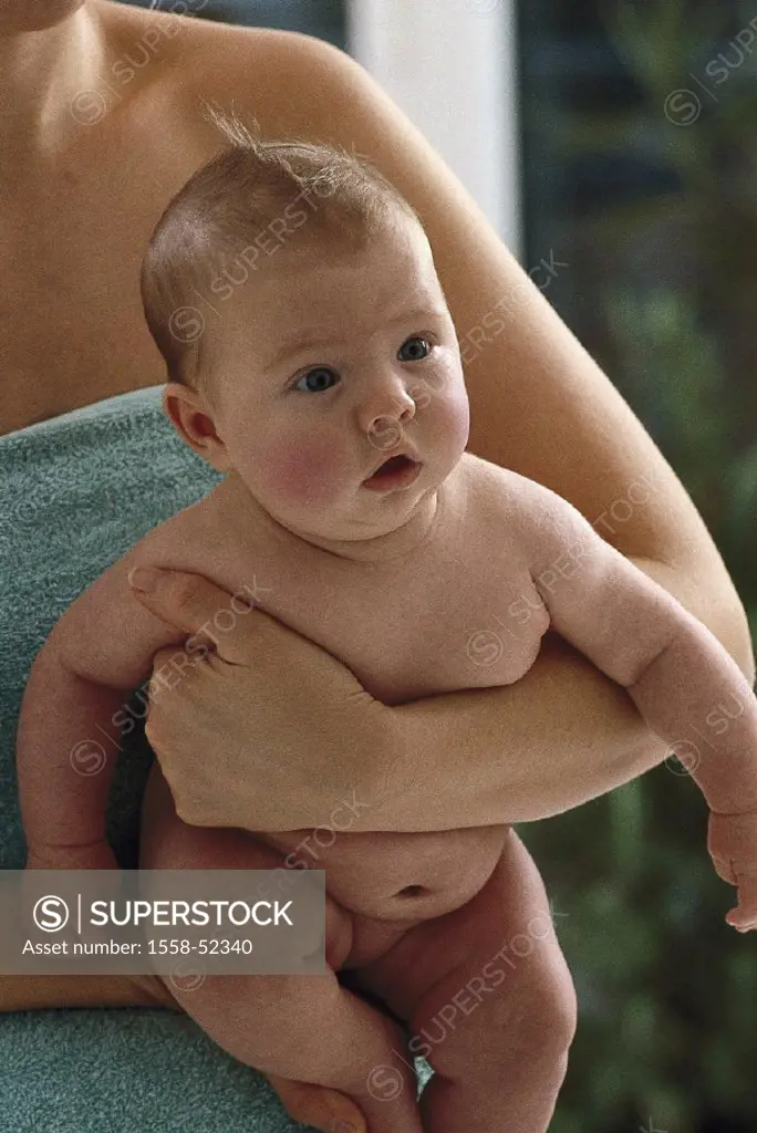 Mother, detail, baby, bare, holds, indoors, woman, child, toddler, infant, wakened, vigorously, curiously, well-fed