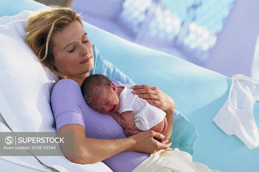 Sofa, mother, eyes closed, baby, prone position, cries, indoors, at home, woman, young, supine position, rests, rests, child, toddler, infant, newborn...