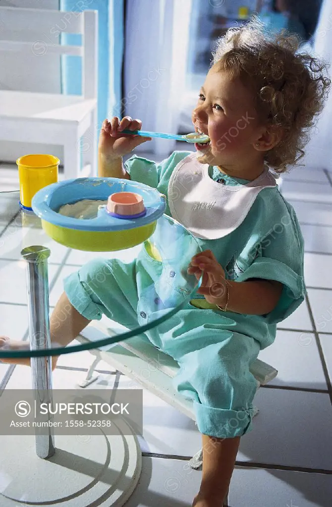 Glass table, child plates, toddler, cheerfully, eats, indoors, at home, child, girls, sit, child table, stools, happiness, fun, childhood, light-heart...