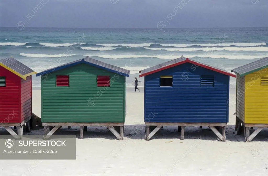 South Africa, Cape town, Muizenberg, Sandy beach, wood cottages, colored  West cape, Cape Town, Kaapstad, capital, beach, Beach, wood houses, cottages...
