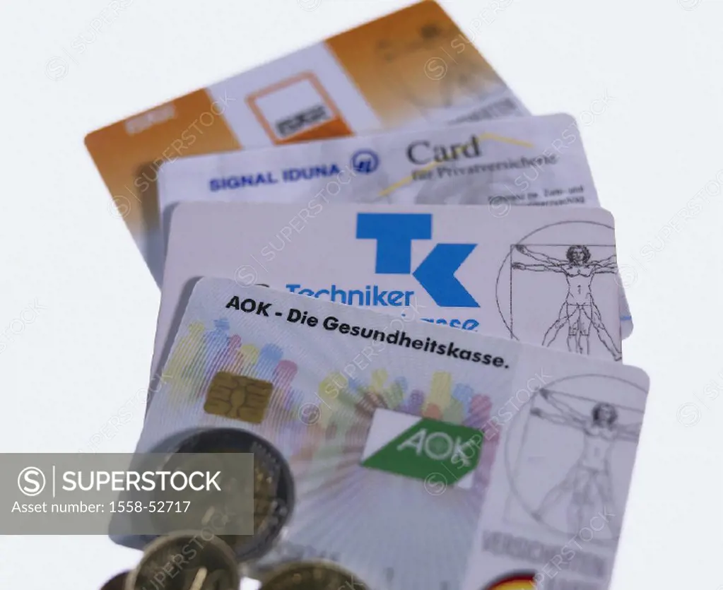 Health insurance cards, health insurance companies, differently, Euro coins, public health, health insurance, insurance cards, insurance cards, costs,...