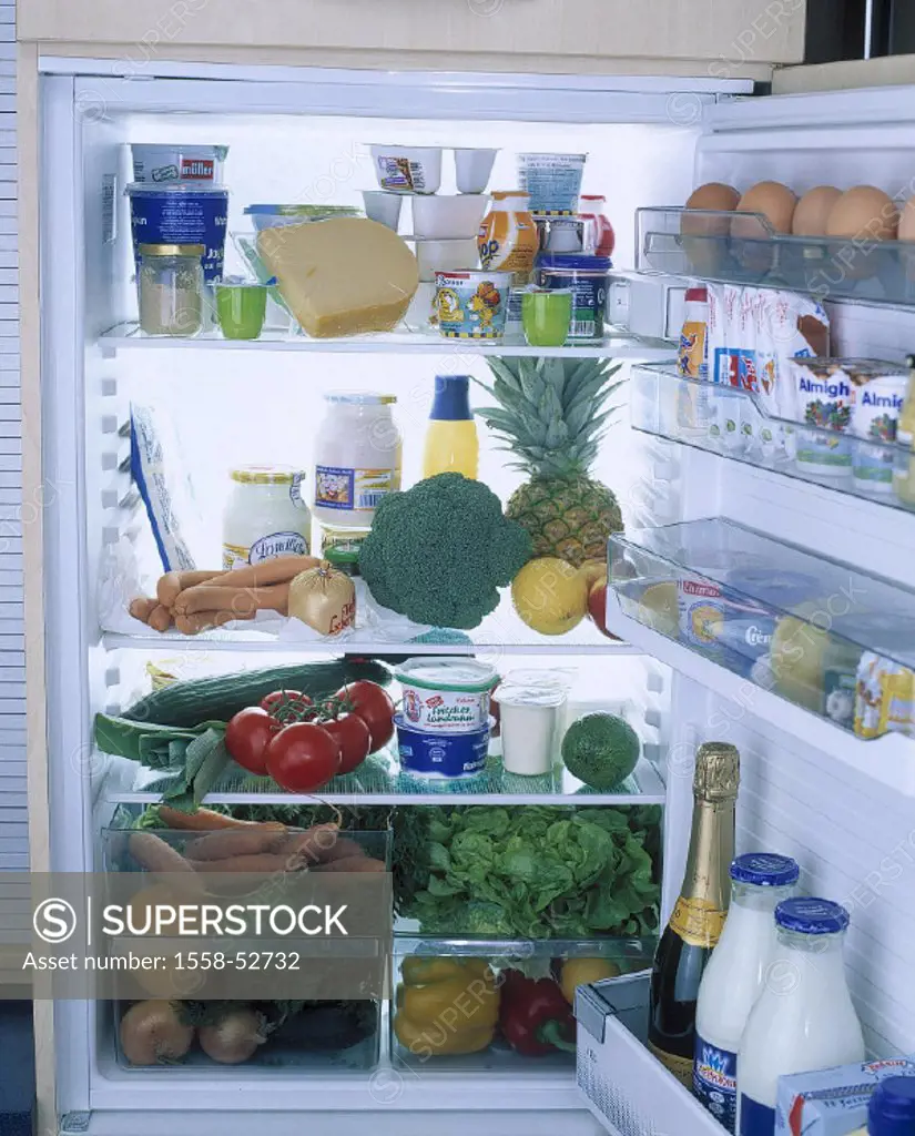 Refrigerator, open, fully, food, household appliance, electrically, storage, foods, food, meals, storage, reserve, supplies, stores, milk, milk produc...