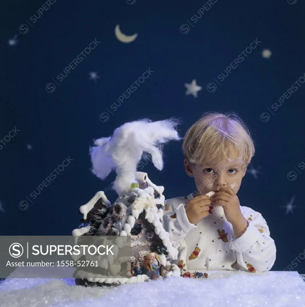 Christmas, boy, gingerbread house, firmaments, , indoors, studio, Advent, Christmas time, Advent time, child, childhood, eats candy, expression, guilt...