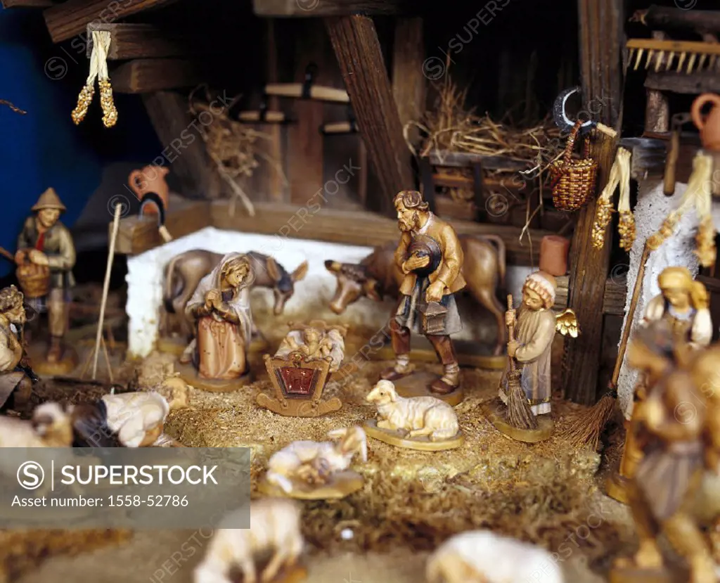 Christmas manger, detail, Tyrolean manger, Christmas, manger, custom hood, religion, Holy family, Jesus child, manger figures, figures, wood, wood fig...
