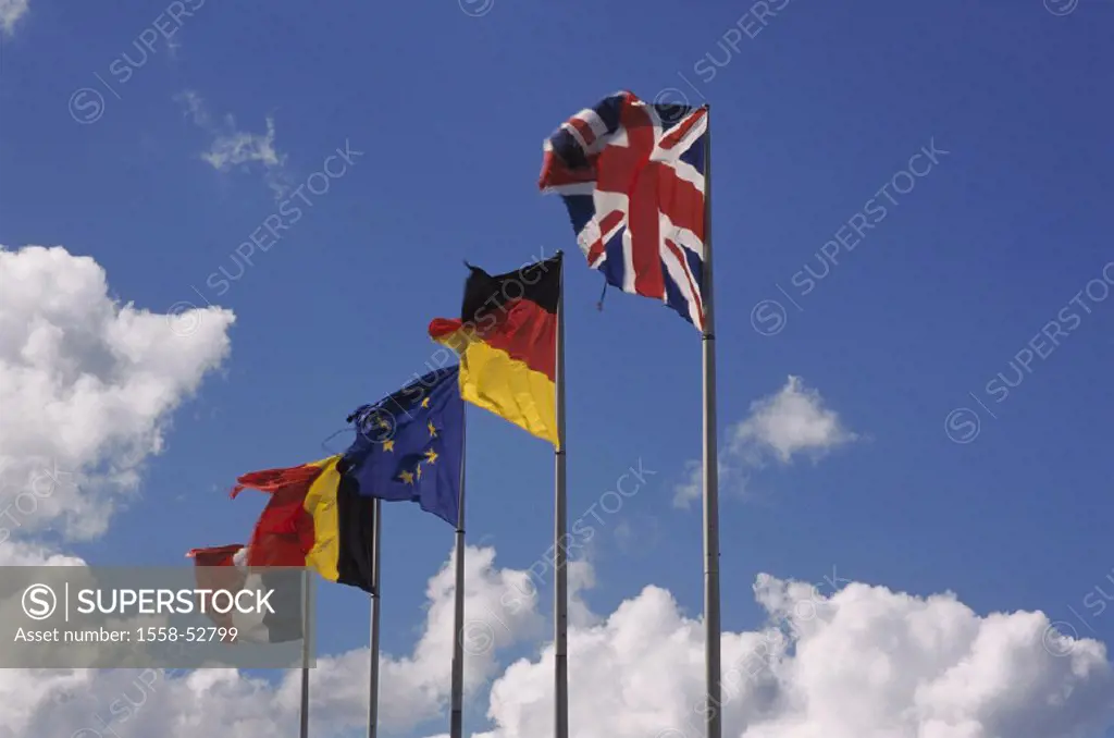 Ensigns, European, Europe, flags, national flags, ensigns, state ensigns, different, differently, masts, national colors, wind, blows, cloud mood, Fra...